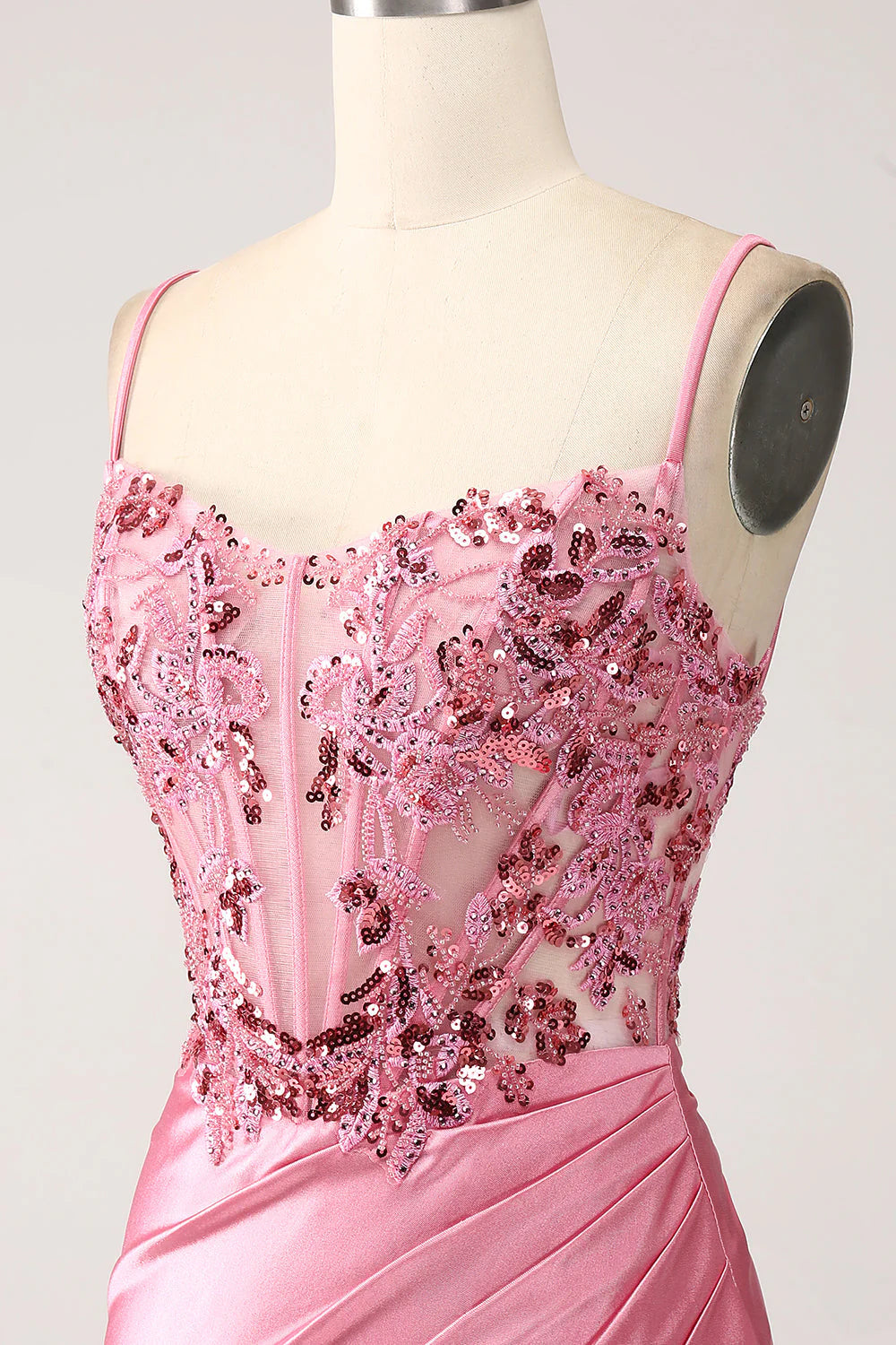 Pink Mermaid Spaghetti Straps Sequin Corset  Full Of Charm Prom Dress