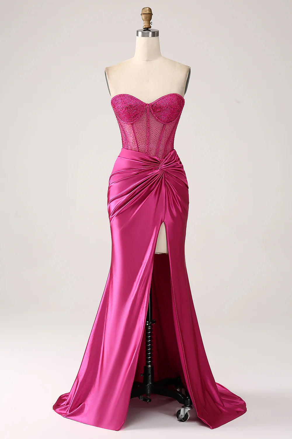 Glamorous Mermaid Sweetheart Strapless Sheer Beaded Lace-Up Back Ruched Satin Train Evening Dress