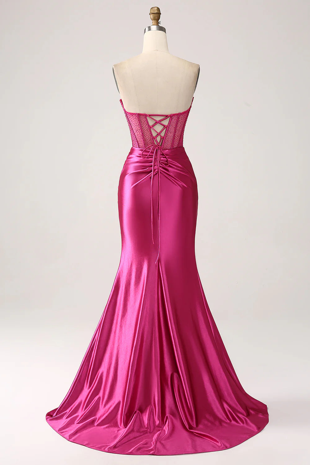 Glamorous Mermaid Sweetheart Strapless Sheer Beaded Lace-Up Back Ruched Satin Train Evening Dress
