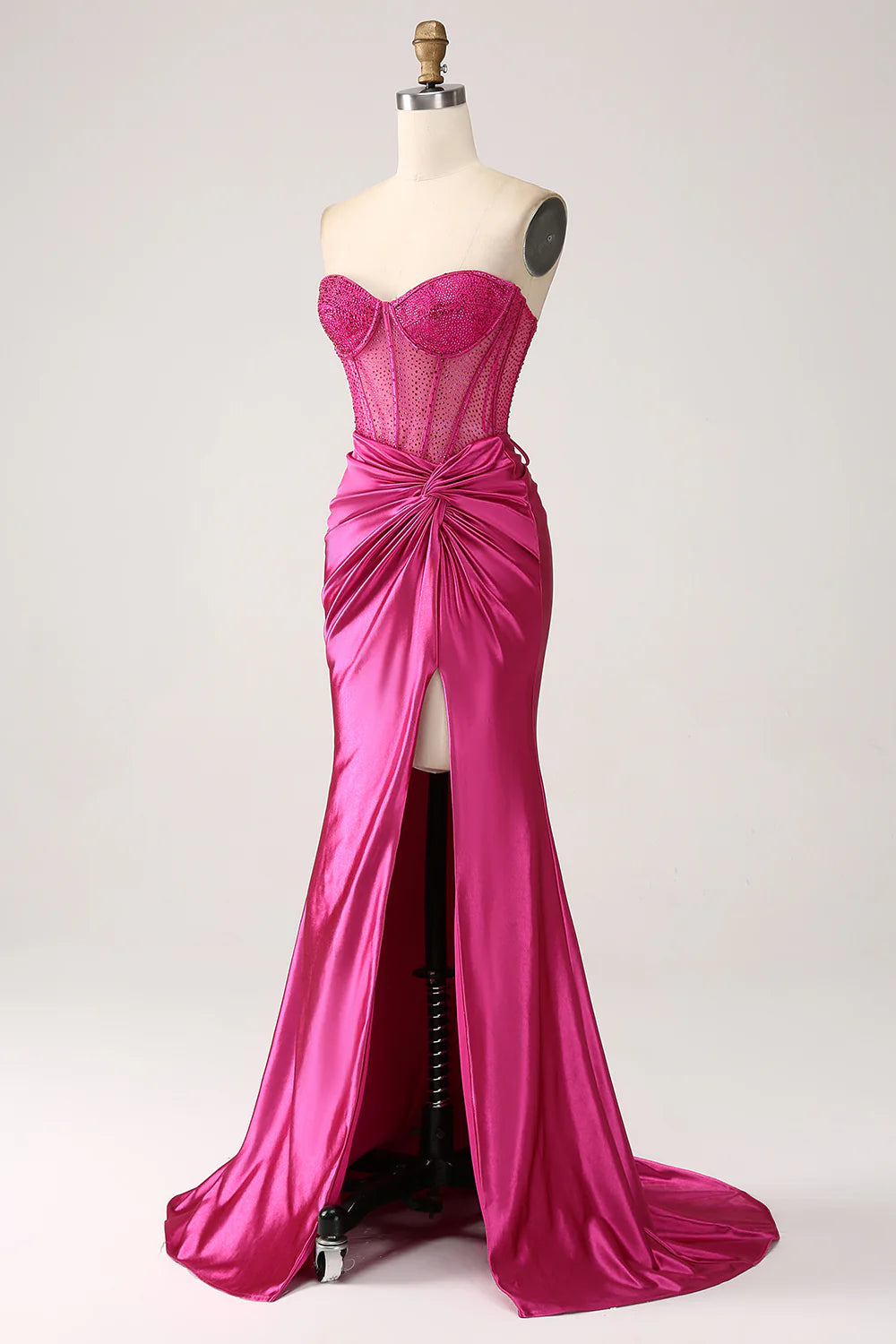 Glamorous Mermaid Sweetheart Strapless Sheer Beaded Lace-Up Back Ruched Satin Train Evening Dress